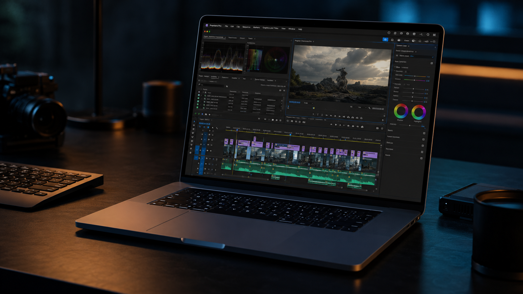 Notebook em uma mesa de estúdio com uma edição de vídeo complexa aberta na tela
